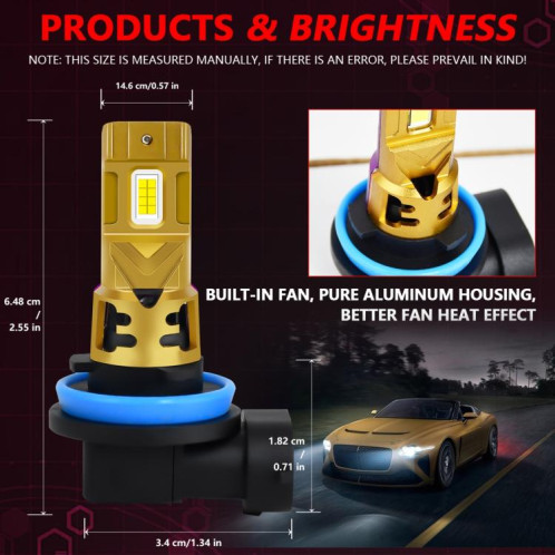 Ampoule LED pour phare de voiture H11, 35 W, 3 000 lm, 6 500 K, étanche IP68, lot de 2 (doré) SH406A1717-08